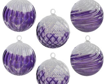 Royal Flurry | Purple & White | Set of 6 | Handblown Glass Ornament | Handmade in CA | Sun Catcher | Gazing Ball | Holiday Ornament | Gift
