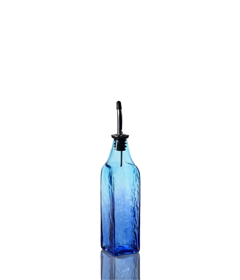 Hand Blown Glass Olive Oil Dispenser, Soap Dispenser, Olive Oil Bottle, Vinegar Bottle Aqua & Blueberry image 1