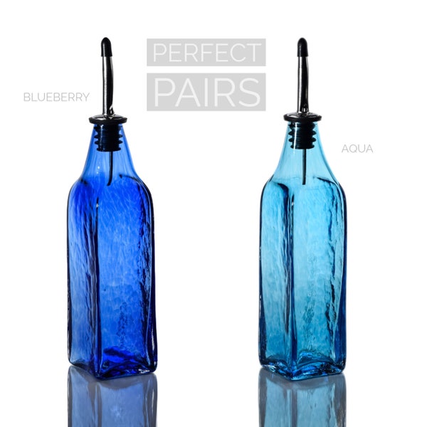 Blueberry & Aqua Single-Tone Bottle Set - Hand Blown Glass - Olive Oil Bottles - Soap Dispenser - Liquid Bottles - Salad Dressing - Gift