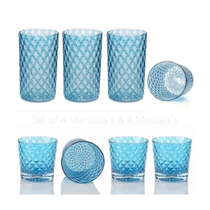 Aqua | Mixed Set of 8 Handblown Glassware | Handmade in CA | Tumblers | Rocks | Drinkware | Cocktail Glasses | Barware | 8oz and 16oz