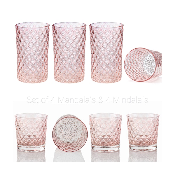 Pink Lemonade Mindala & Mandala Glass Set of 8 - Handblown Glassware | Blown Glass Tumblers | Colorful Drinkware | Cocktail Glasses
