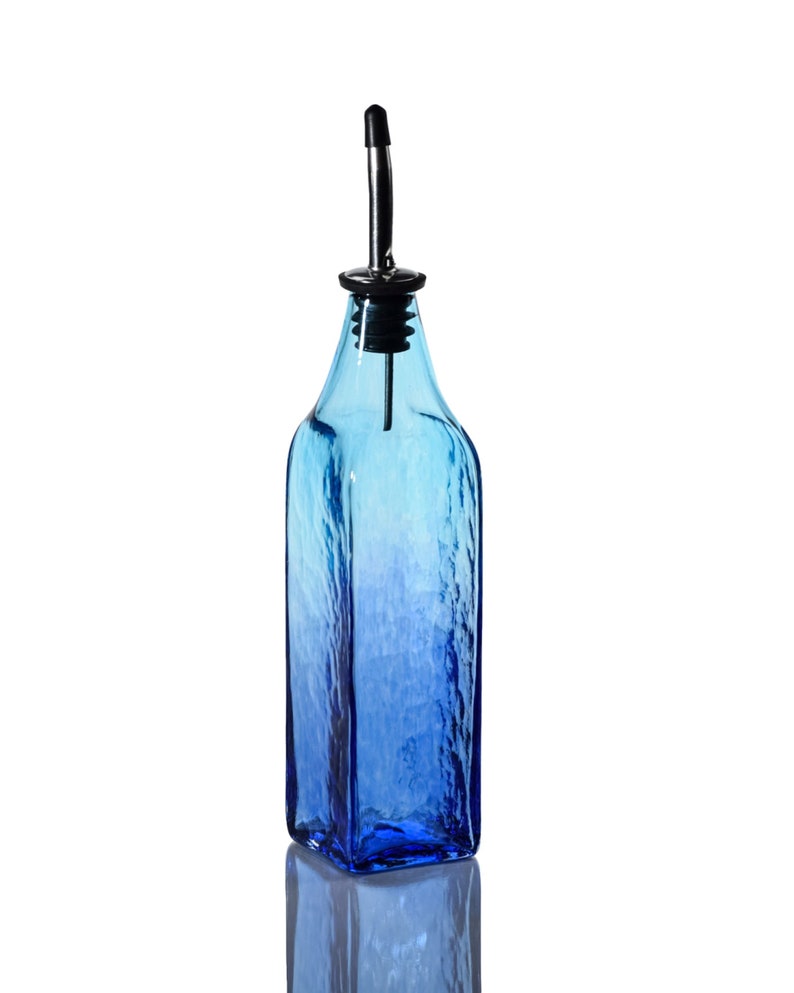 Hand Blown Glass Olive Oil Dispenser, Soap Dispenser, Olive Oil Bottle, Vinegar Bottle Aqua & Blueberry image 6