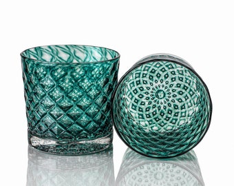 Turquoise  - Blue Green | Set of 6 Handblown Glassware | Mindala Glass | Handmade in CA | Whiskey | Drinkware | Cocktail | Barware | 8oz