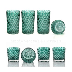 Turquoise | Mixed Set of 8 Handblown Glassware | Handmade in CA | Tumblers | Rocks | Drinkware | Cocktail Glasses | Barware | 8oz and 16oz