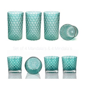Sea Green | Mixed Set of 8 Handblown Glassware | Handmade in CA | Tumblers | Rocks | Drinkware | Cocktail Glasses | Barware | 8oz and 16oz