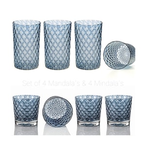 Slate Blue | Mixed Set of 8 Handblown Glassware | Handmade in CA | Tumblers | Rocks | Drinkware | Cocktail Glasses | Barware | 8oz and 16oz