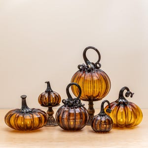 Amber Magic | Amber | Brown | Handblown Glass Pumpkin with Tealight | Glass Night Light | Candlelight | Light Up | Mantle | Centerpiece