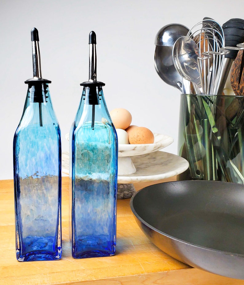 Hand Blown Glass Olive Oil Dispenser, Soap Dispenser, Olive Oil Bottle, Vinegar Bottle Aqua & Blueberry image 5