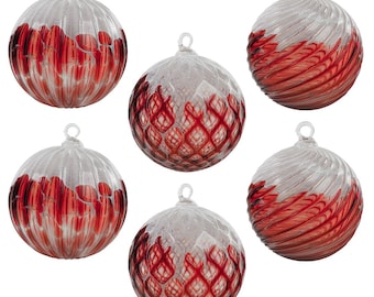 Cranberry Flurry | Red & White | Set of 6 | Handblown Glass Ornament | Handmade in CA | Sun Catcher | Gazing Ball | Holiday Ornament | Gift