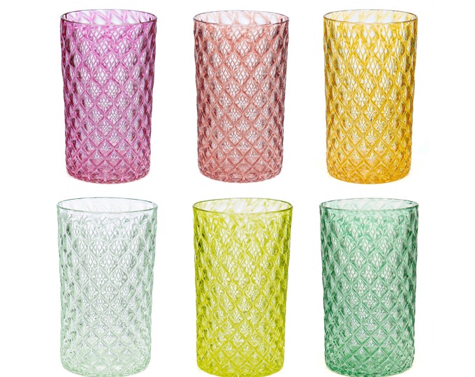 Malibu Mandala Glass Set of 6 - Handblown Glassware | Blown Glass Tumbler | Handmade Glass | Colorful Drinking Glasses | Cocktail Glasses
