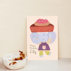 Fijne verjaardag, olifant, cupcake, kaart, groeten