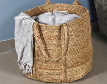 Large Jute Laundry Basket, Handwoven Jute Storage Hamper Bin, Jute Planter