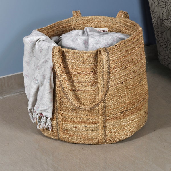 Large Jute Laundry Basket, Handwoven Jute Storage Hamper Bin, Jute Planter