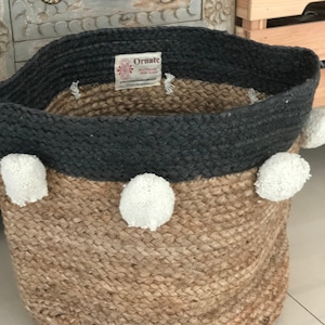 Grey woven laundry basket, Toys storage basket, Nursery kids storage, Planter, Storage bin, Jute basket, Laundry room decor, Pompom basket