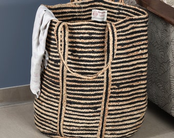 XL Jute Laundry Basket: Round Hamper, Black Stripes