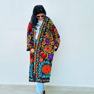 Black long Suzani Embroidered Kimono Coat made by artisans in India for Ornate Handicrafts. Style with jeans t-shirt for  a casual outfit or with a dress for a special party outfit.