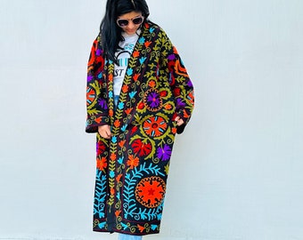 Black Embroidered Kimono Jacket, Long Boho Coats, Party Wear Kimono Coat, Wedding Coats, Indian Ethnic Clothing, Unique Colorful Jacket