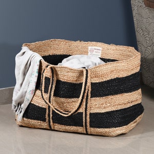 Extra Large Stripes Laundry  Hamper Basket, Jute laundry bag with handles, Living Room Storage Basket, Nursery Toy Bin Basket