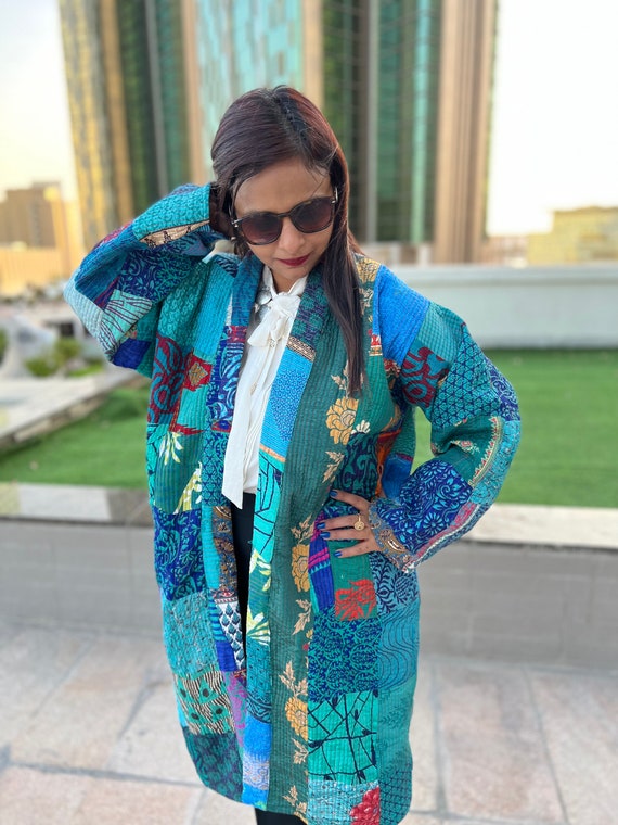 Quilted Patchwork Kimono Jacket, Colorful Jacket, Silk Kimono Robe, Silk  Reversible Coat, Bohemian Style Women Jacket, Ethnic Women Coat 