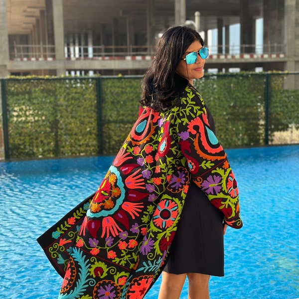 Handmade Free Size Embroidered Black Kimono with Tassels - Stylish Crepe Georgette Jacket