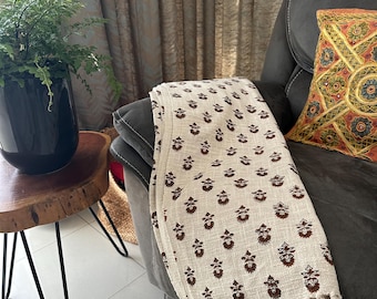 Handmade Block Printed Cotton Throw Blanket: Floral Design, 50x60