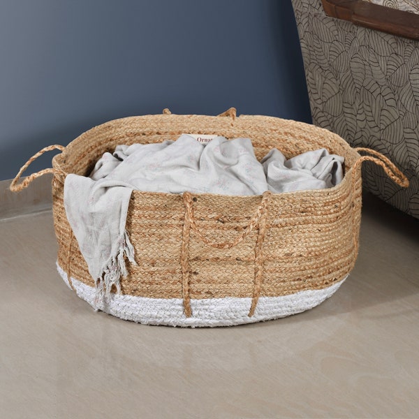 Large laundry basket Round Jute laundry bag, Large laundry Hamper Storage Bin Jute Storage Basket Nursery storage Toy basket Fabric planter