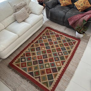 Living Room Dhurrie rug 4x6, Indian Kilim rug, Red Decorative Holiday Rug, Bohemian Christmas Rug, Bedside rug, Outdoor rug, New home gifts