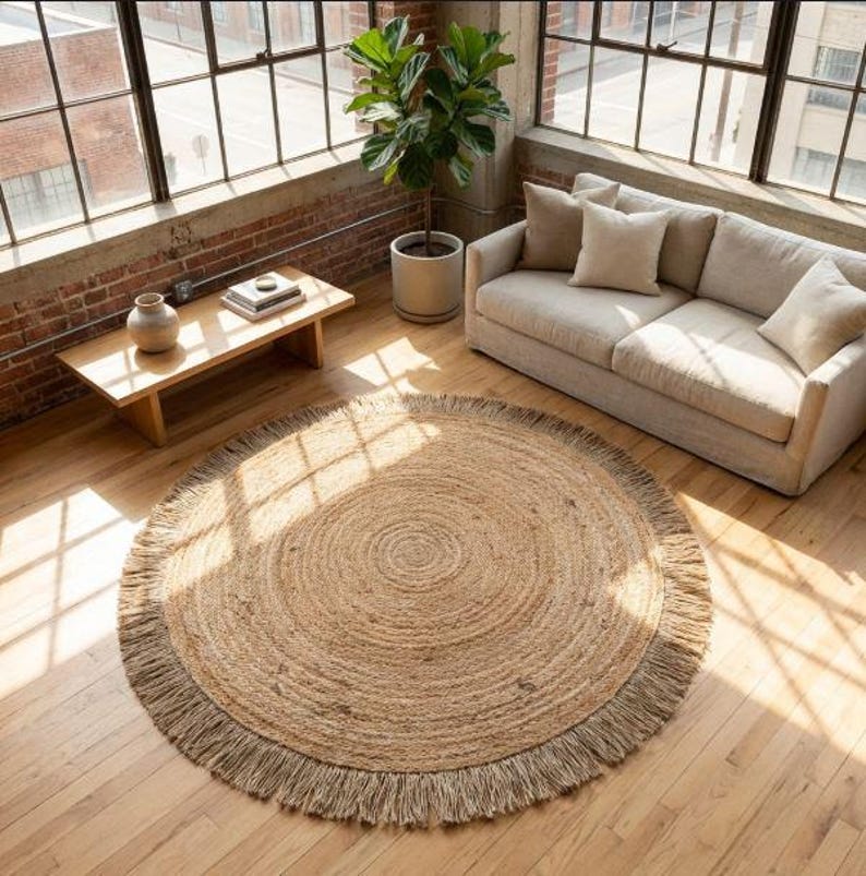 K&ouml;nnte beinhalten: Ein runder Jute-Teppich mit Fransenrand. Der Teppich hat eine nat&uuml;rliche beige Farbe und ein Spiralmuster in der Mitte. Er liegt auf einem Holzboden in einem Raum mit gro&szlig;en Fenstern.