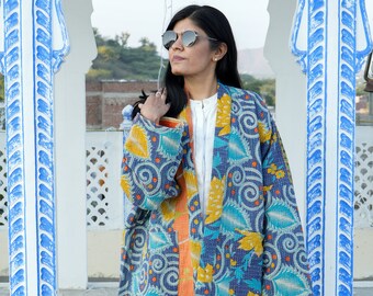 Vintage Kantha Kimono: Boho Himmelblau Abstrakter Baumwollstaubwedel