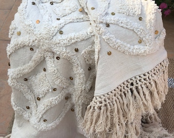 Moroccan Wedding Throw Blanket, Handira Blanket, Boho Bedding Blanket, Luxury Ivory Tufted Throw, Decorative Throw, Christmas Throw Blanket