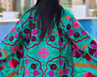 Blue Embroidered Kimono Jackets, Boho chic Long Coats, Street style fashion Kimono, Wedding Coats, Bohemian Style Outerwear
