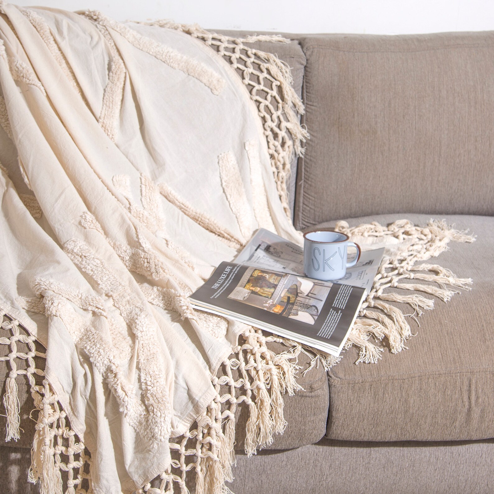 Beige throw blanket with tassels/Boho throw blanket/Couch Etsy