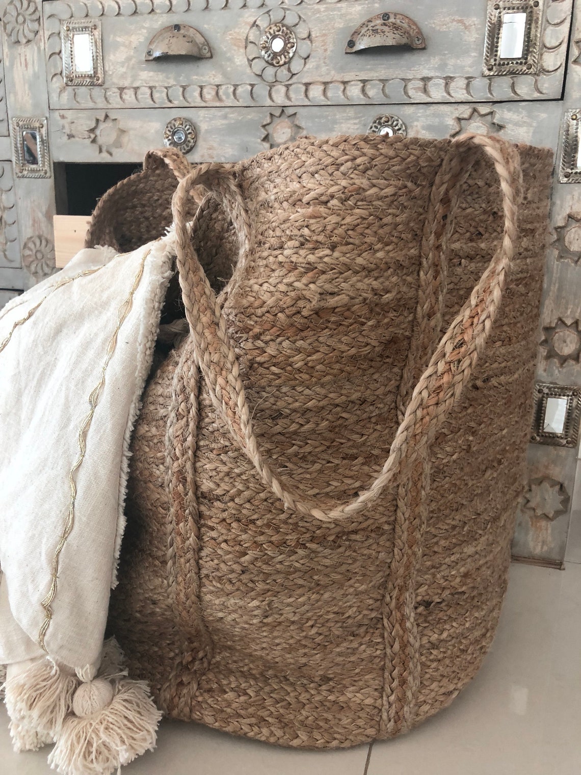 XLarge laundry basket Round Jute laundry bag Large laundry Etsy