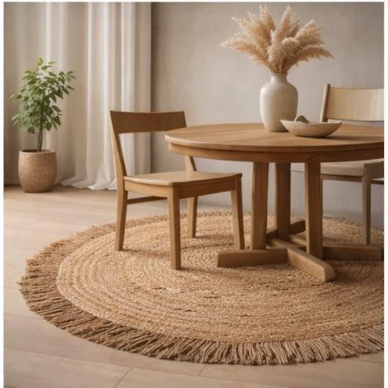 K&ouml;nnte beinhalten: Ein runder Jute-Teppich mit Fransenrand liegt unter einem Esstisch und St&uuml;hlen aus Holz. Eine Vase mit Trockenblumen und eine kleine Schale stehen auf dem Tisch. Eine Topfpflanze befindet sich im Hintergrund.