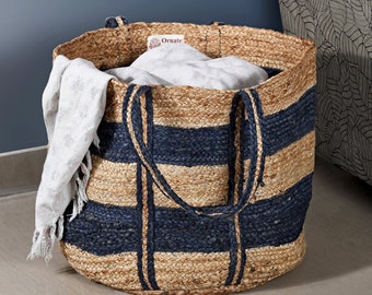 Stripes Jute laundry bag hamper, Woven Jute Basket with Handles, Jute storage basket bin, Nursery storage, Fabric planter