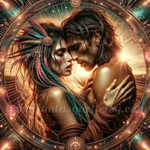 Amor salvaje / Pareja de fantasía Arte de IA / Descarga digital Póster imprimible Imagen PNG / Llamas gemelas Tribal Pasión cósmica Sensual Día de San Valentín