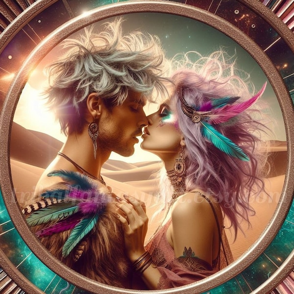 Tribal Desert Fantasy Couple | Ai Art Digital Download Printable Poster Image Photo PNG | Festival Kiss Love Romantic Boho Valentines Day