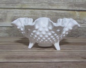 Vintage Footed Hobnail Milk Glass Candy Dish White Bowl Scalloped