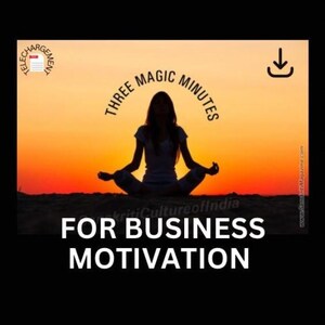 May include: Silhouette of a person meditating against a sunset backdrop with the text "Three Magic Minutes for Business Motivation".