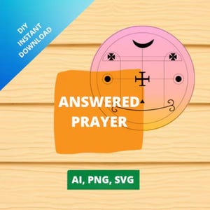 Puede incluir: Una descarga digital de un diseño imprimible que presenta un círculo rosa y naranja con un patrón geométrico y el texto "Oración Contestada".