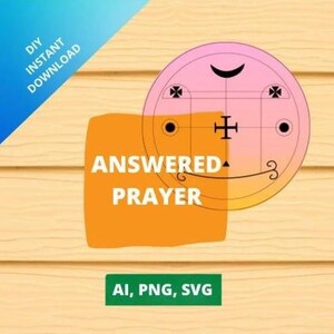 Puede incluir: Una descarga digital de un diseño imprimible que presenta un círculo rosa y amarillo con un símbolo en blanco y negro en su interior. El texto "ANSWERED PRAYER" está en un rectángulo amarillo. El texto "DIY INSTANT DOWNLOAD" está en la esquina superior izquierda. El texto "AI, PNG, SVG" está en el centro inferior.