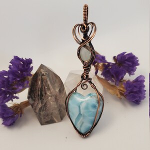 Aquamarine and Larimer heart pendant, wire wrapped pendant, wire wrapped jewelry, gift for wife, ready to ship, handcrafted jewelry