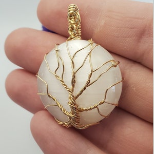 Selenite and gold tree of life pendant, gold tree of life pendant, ready to ship, wire wrapped pendant, wire wrapped jewelry, Selenite