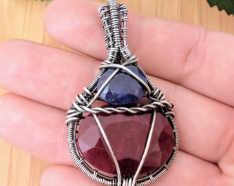 Wire Wrapped Sterling Silver Ruby Sapphire Necklace
