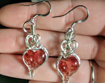 Heart earrings, valentines gift, wire wrapped earrings, lampwork glass, ready to ship gift, silver earrings,