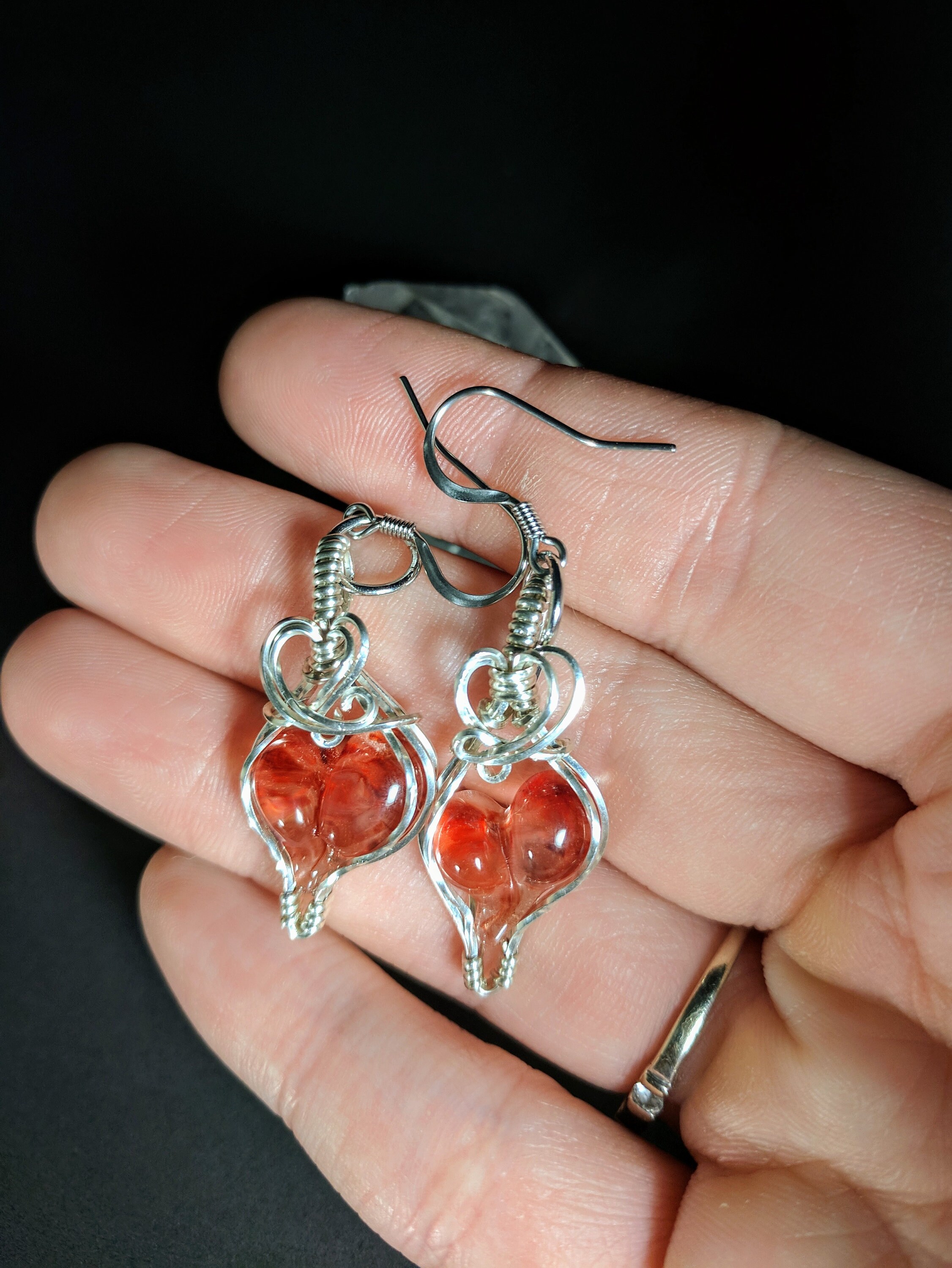 Valentines earrings/ Red heart earrings/ sterling silver glass heart  earrings