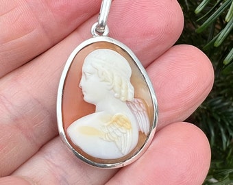 Antique angel cameo pendant,  handmade silver setting 2023