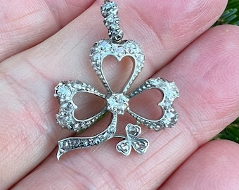 Antique Diamond Pendant, circa 1870, clover/shamrock leaf, hearts, (conversion)