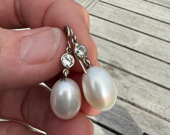 Diamond and Pearl Earrings, Drop, 0.59ct, 18ct, Art Deco Style