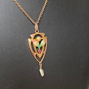 Antique gold ruby pendant with enamel Art Nouveau